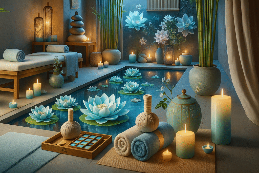 "Beautiful indoor spa with candles, blue lotus flowers, bamboo plants, and wooden decor creating a Men’s Spa in Anantapur  peaceful and luxurious atmosphere for relaxation."