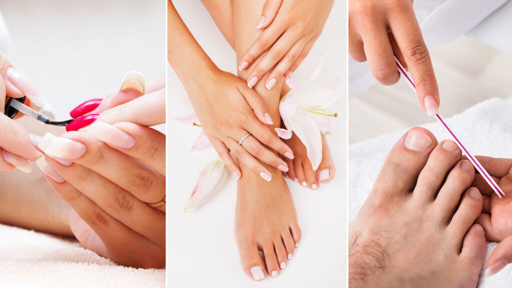 Close-up of professional manicure and pedicure treatments at Lotus Men’s Spa in Anantapur, showing hand and foot care with elegant spa setup.