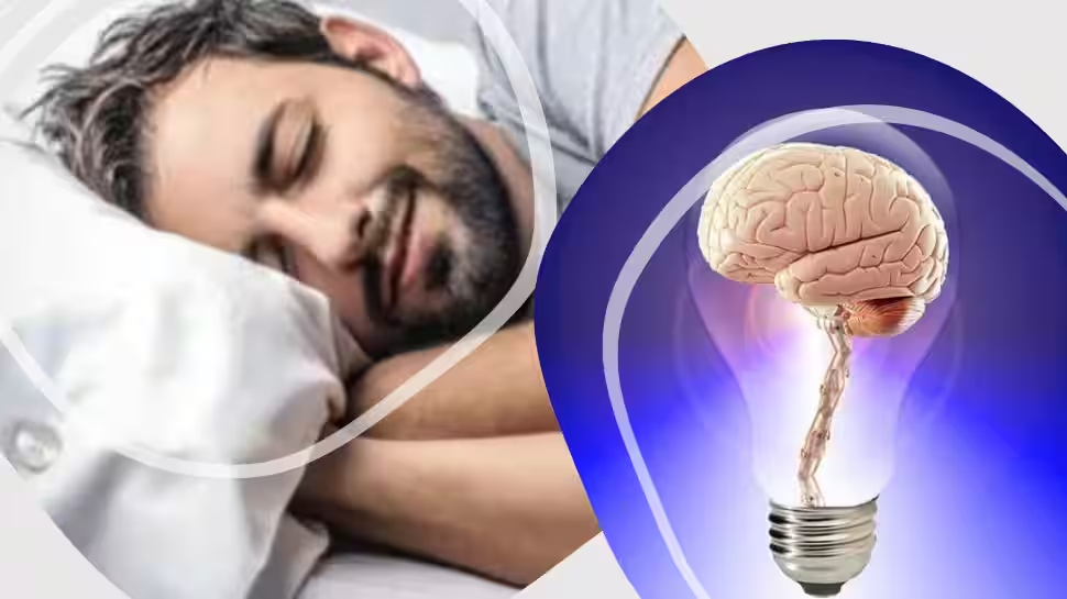 “Man peacefully sleeping on a pillow beside an illustration of a glowing light bulb containing a human brain, symbolizing rest and mental rejuvenation.”