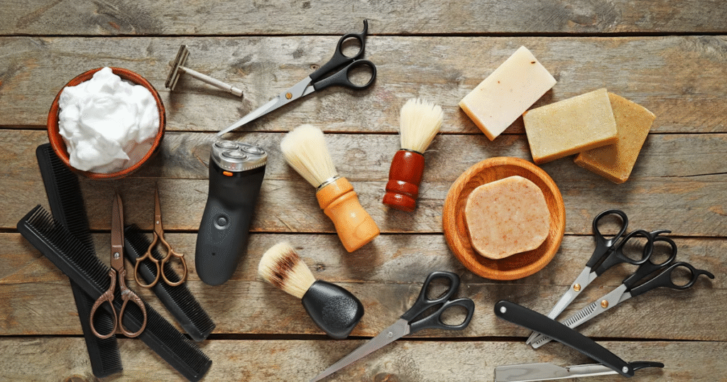 “Professional grooming tools, razors, brushes, and shaving creams arranged on a wooden table at Men’s Grooming Spa in Anantapur.”