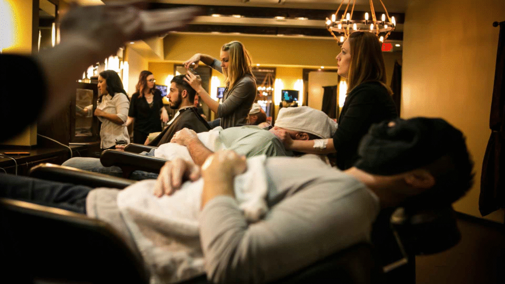 “Men receiving haircuts and facial treatments in a relaxing environment at Men’s Grooming Spa in Anantapur.”